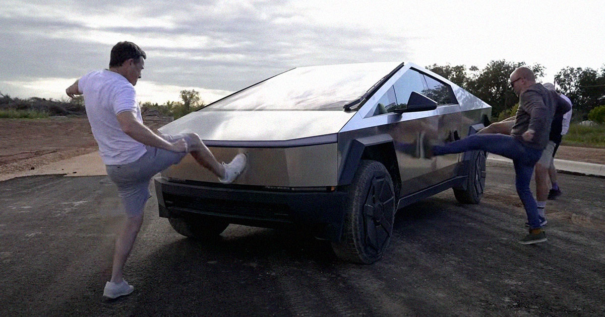 Video Shows Tesla Fans Viciously Kicking the Cybertruck