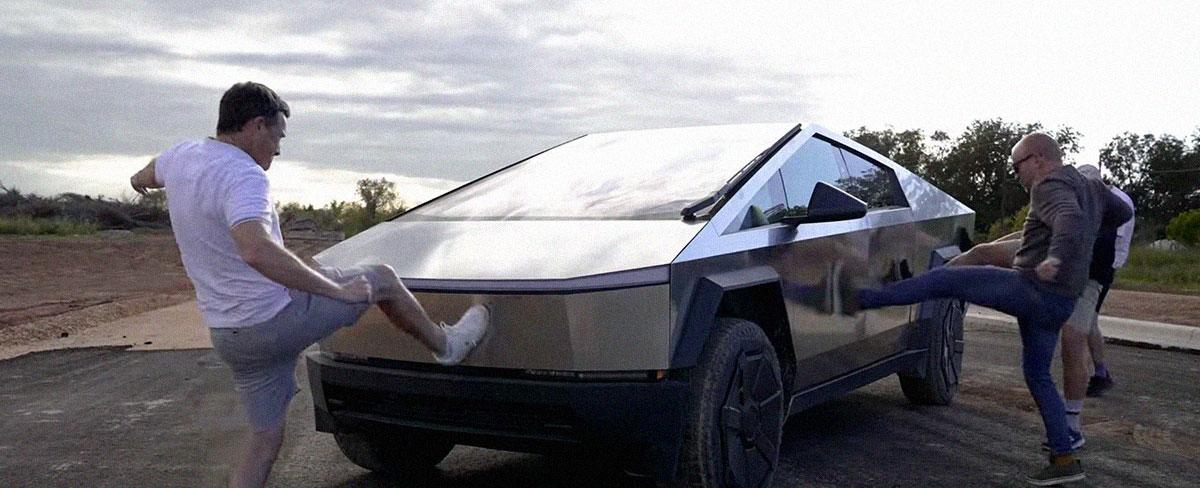 Video Shows Tesla Fans Viciously Kicking the Cybertruck