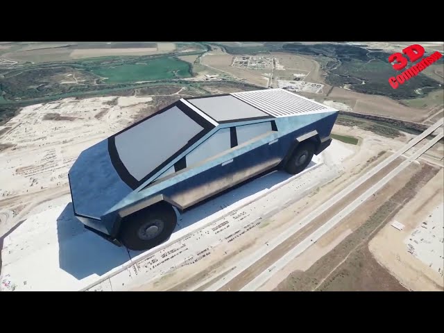 Tesla Cybertruck positioned over Gigafactory Texas
