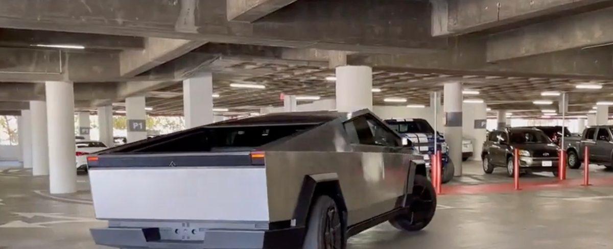 Tesla Cybertruck showcases rear-wheel steering inside parking garage