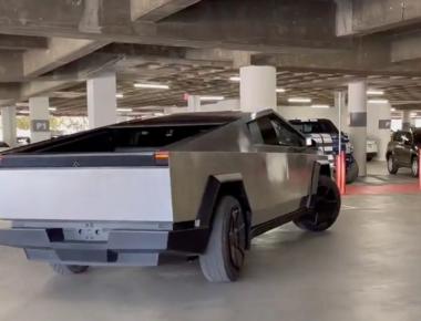 Tesla Cybertruck showcases rear-wheel steering inside parking garage