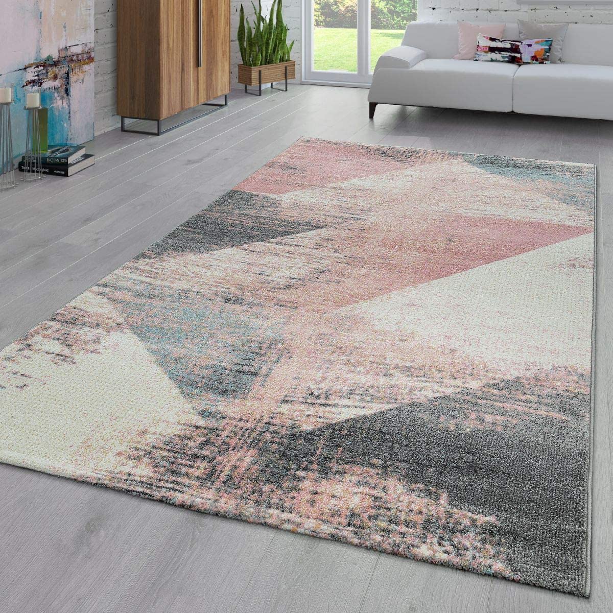 Paco Home Area Rug Abstract Geometric Pattern Fashionably Faded in Multicolor Pink Cream Gray Blue