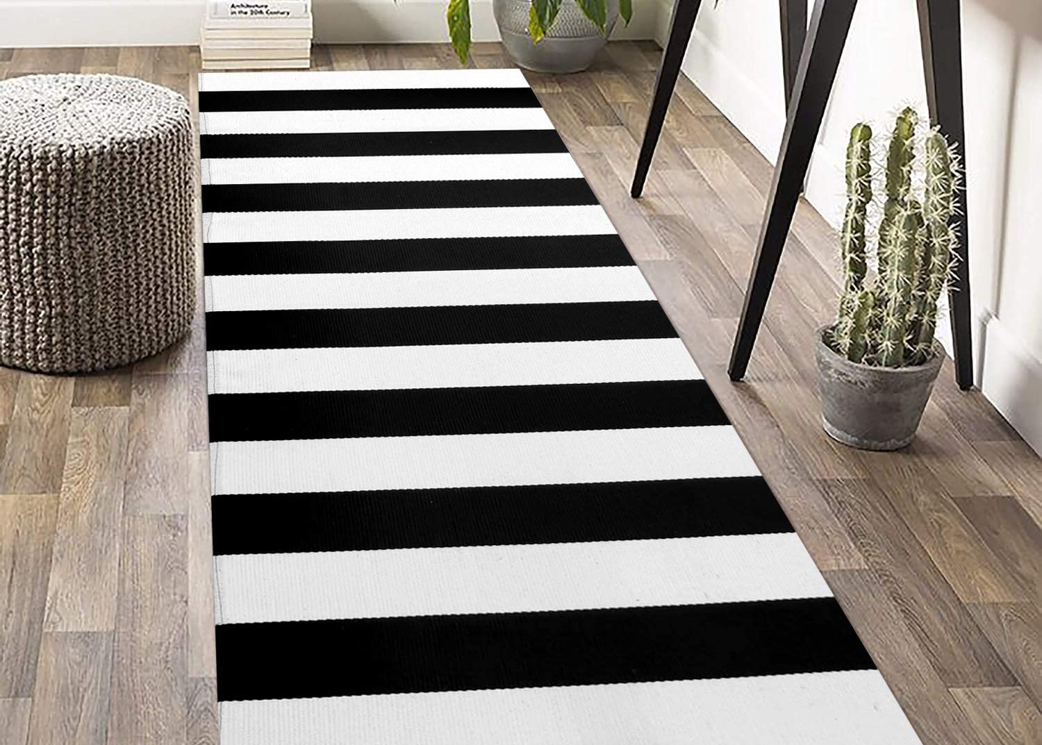Black and White Striped Cotton Woven Indoor Outdoor Runner Rug