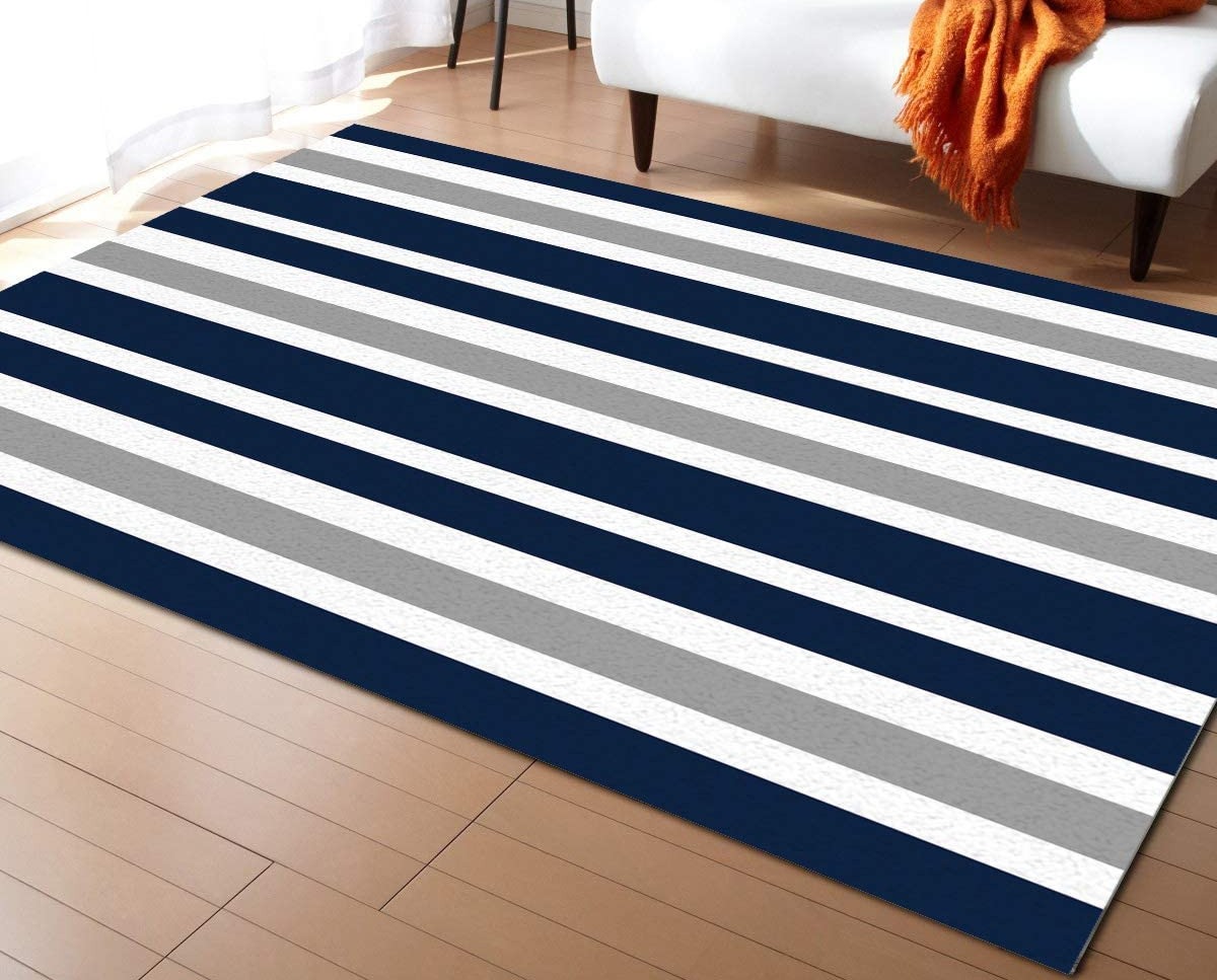 Navy Blue Grey and White Striped Modern Floor Area Rugs