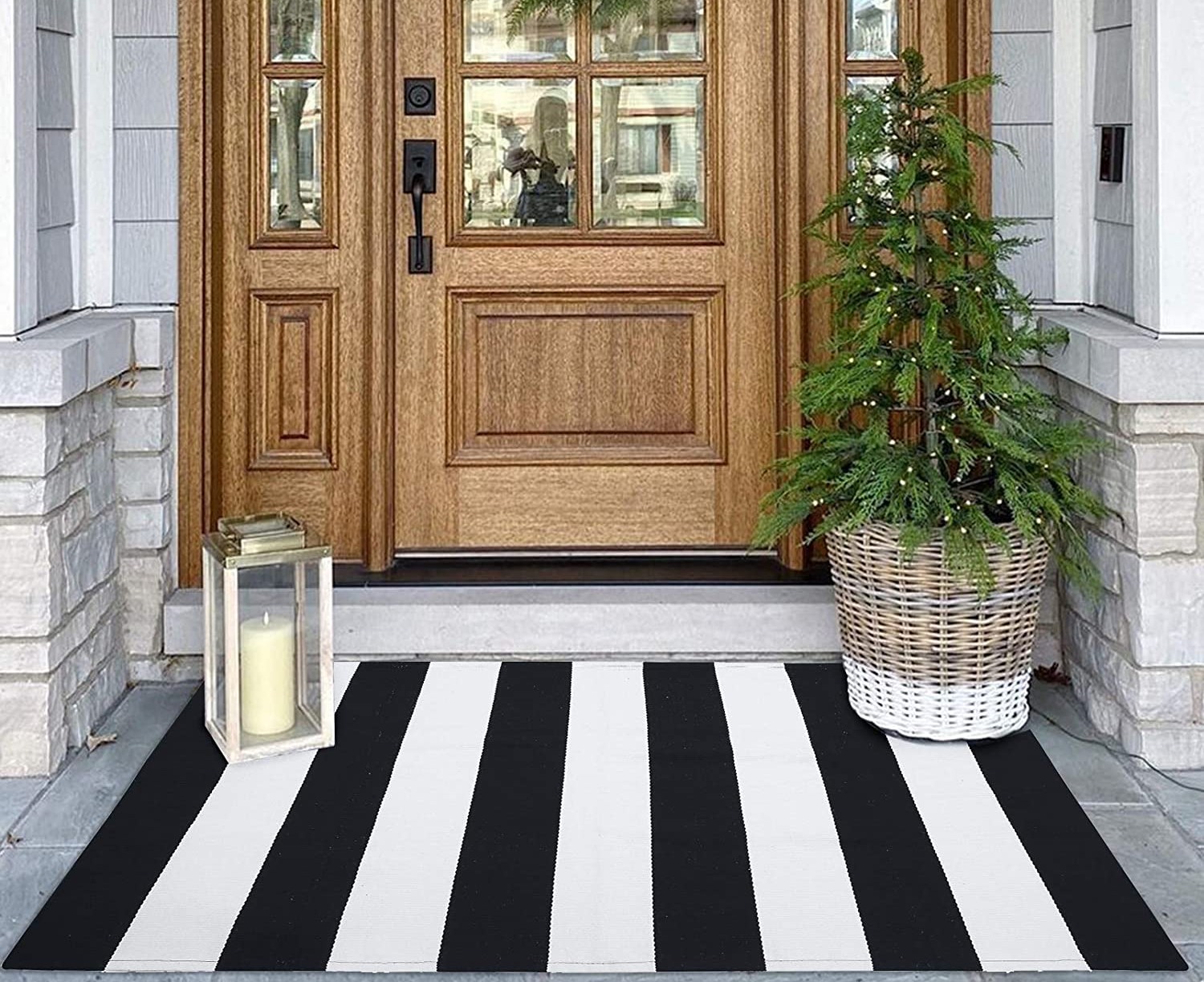 KOZYFLY Black and White Striped Outdoor Rug