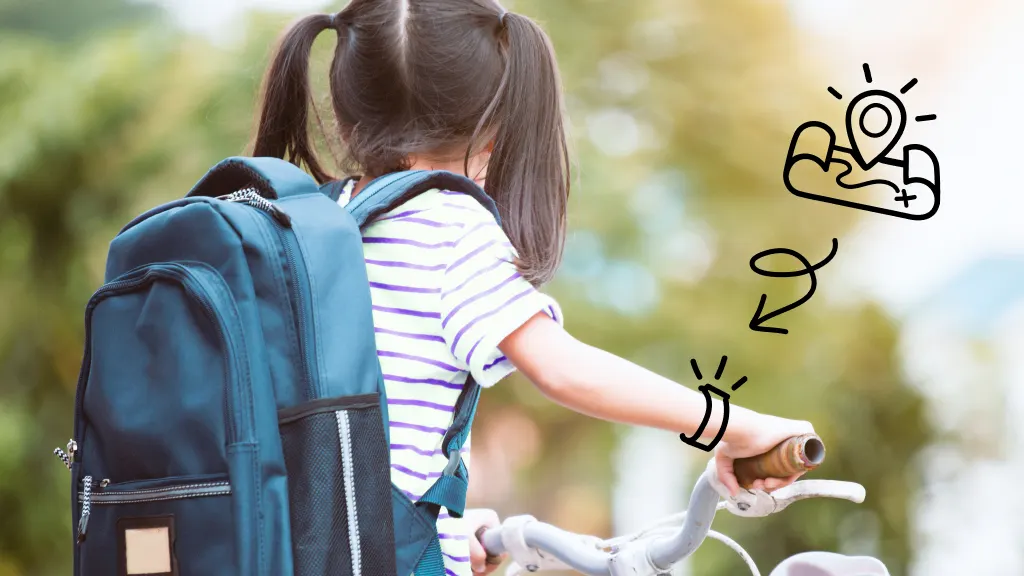 Child riding bike with illustration of Air Tag bracelet