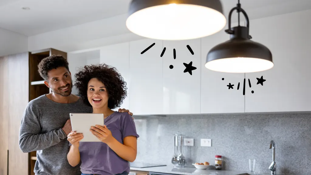 Couple using tablet to control smart lights