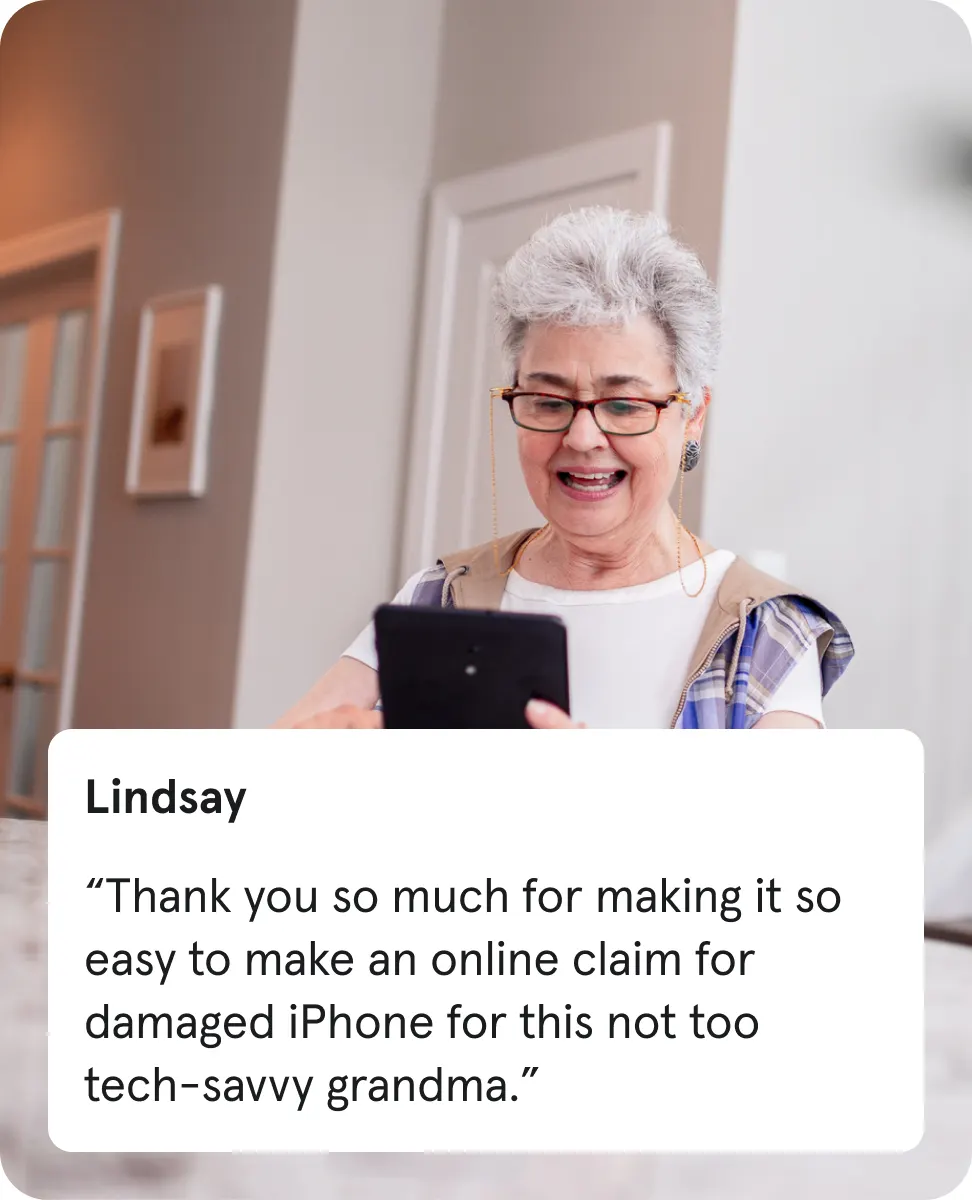 Older woman smiling at a smartphone; testimonial from Lindsay about an easy online claim experience.