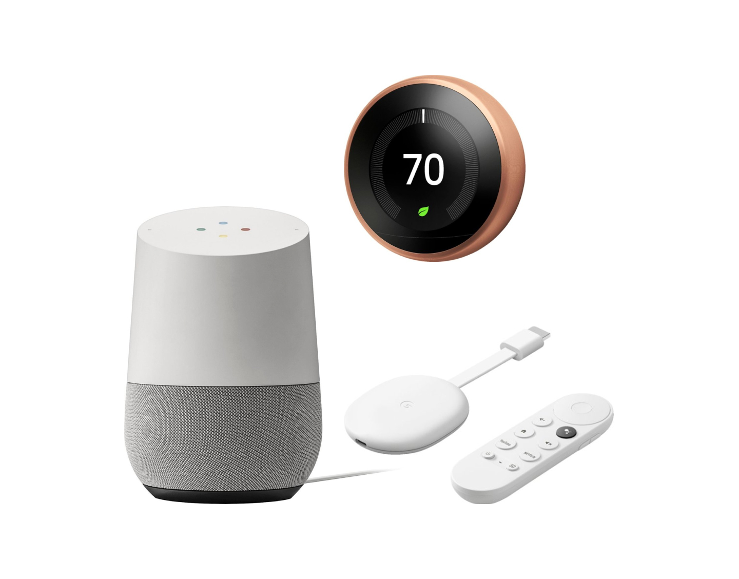 Google chromecast, Google Nest smart speaker, Google Nest thermostat 