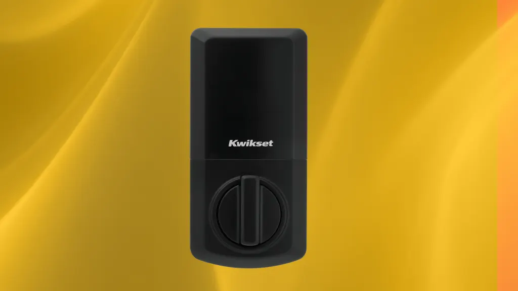 Kwikset smart lock product image on a yellow background
