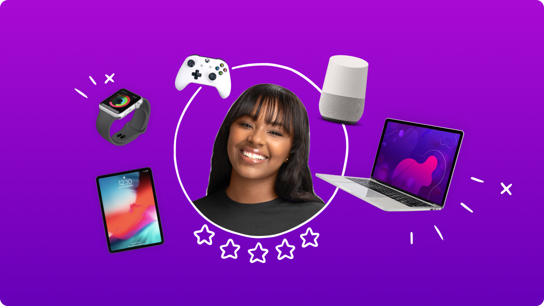 A woman's headshot on a purple background surrounded by devices