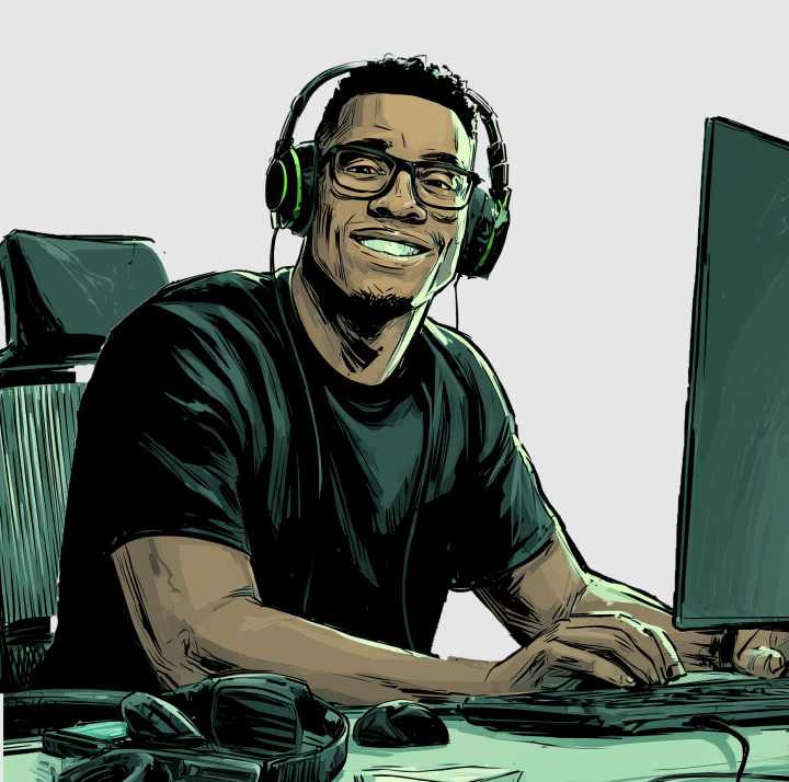 Man with headphones on a computer