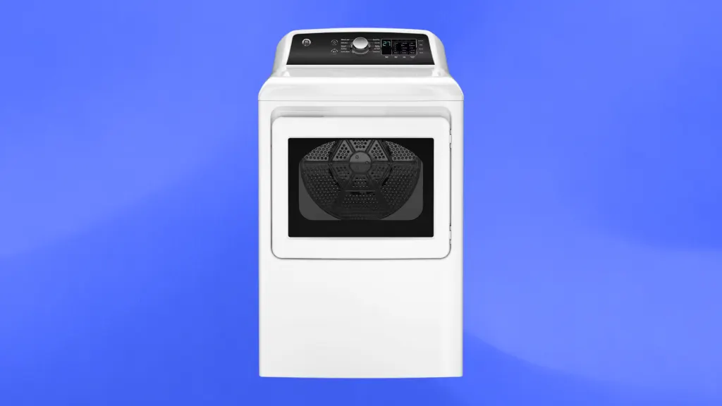 Isolated product image of a white GE dryer on a blue background