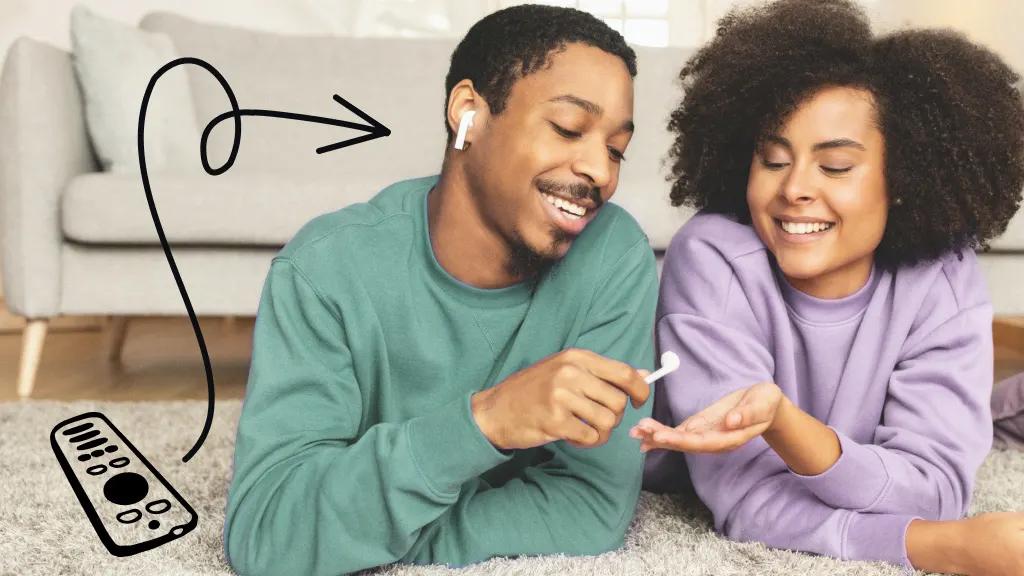 Man and woman sharing AirPods to listen together