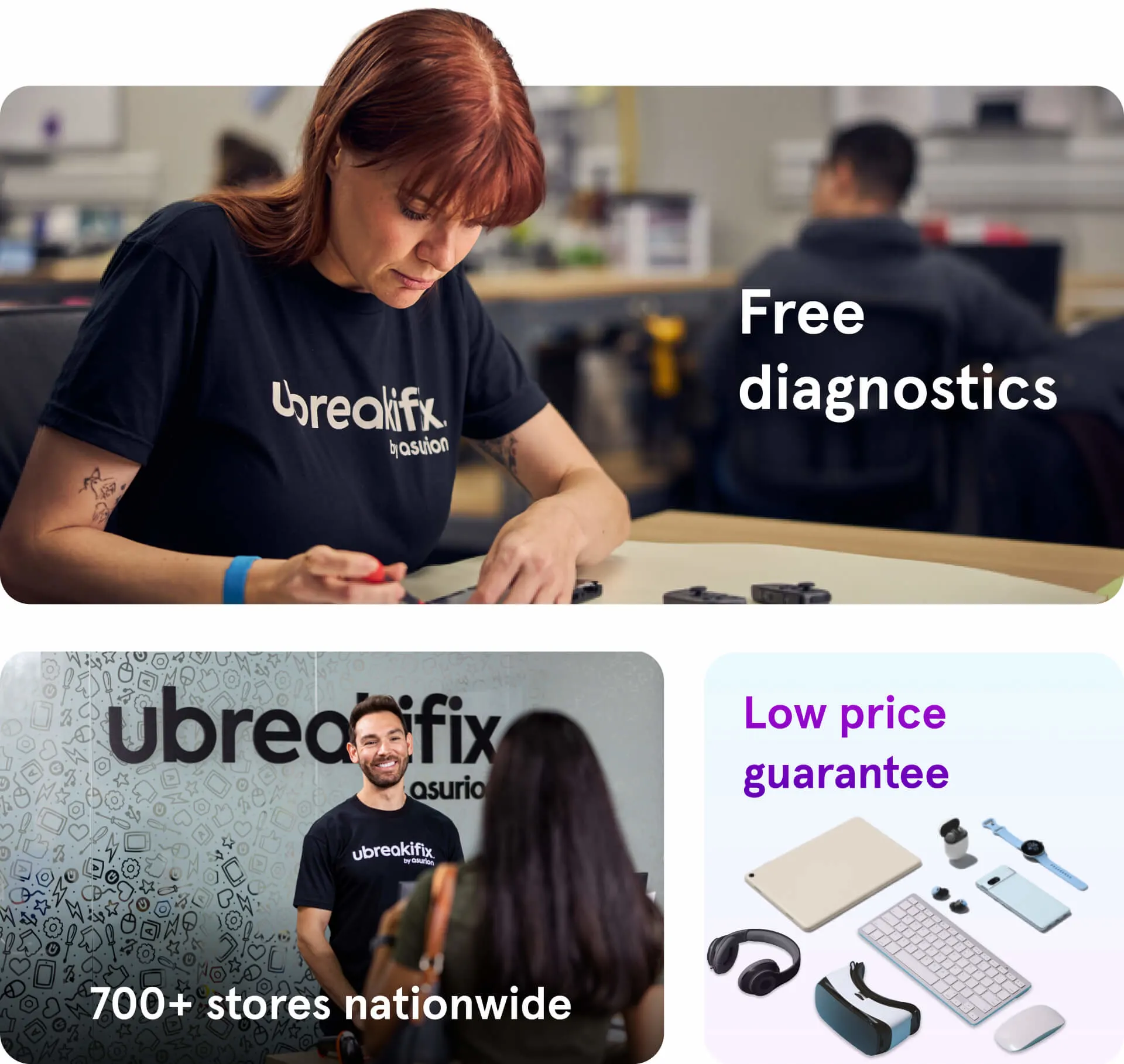 Collage of images that features benefits like free diagnostics, low price guarantee, and 700+ stores nationwide