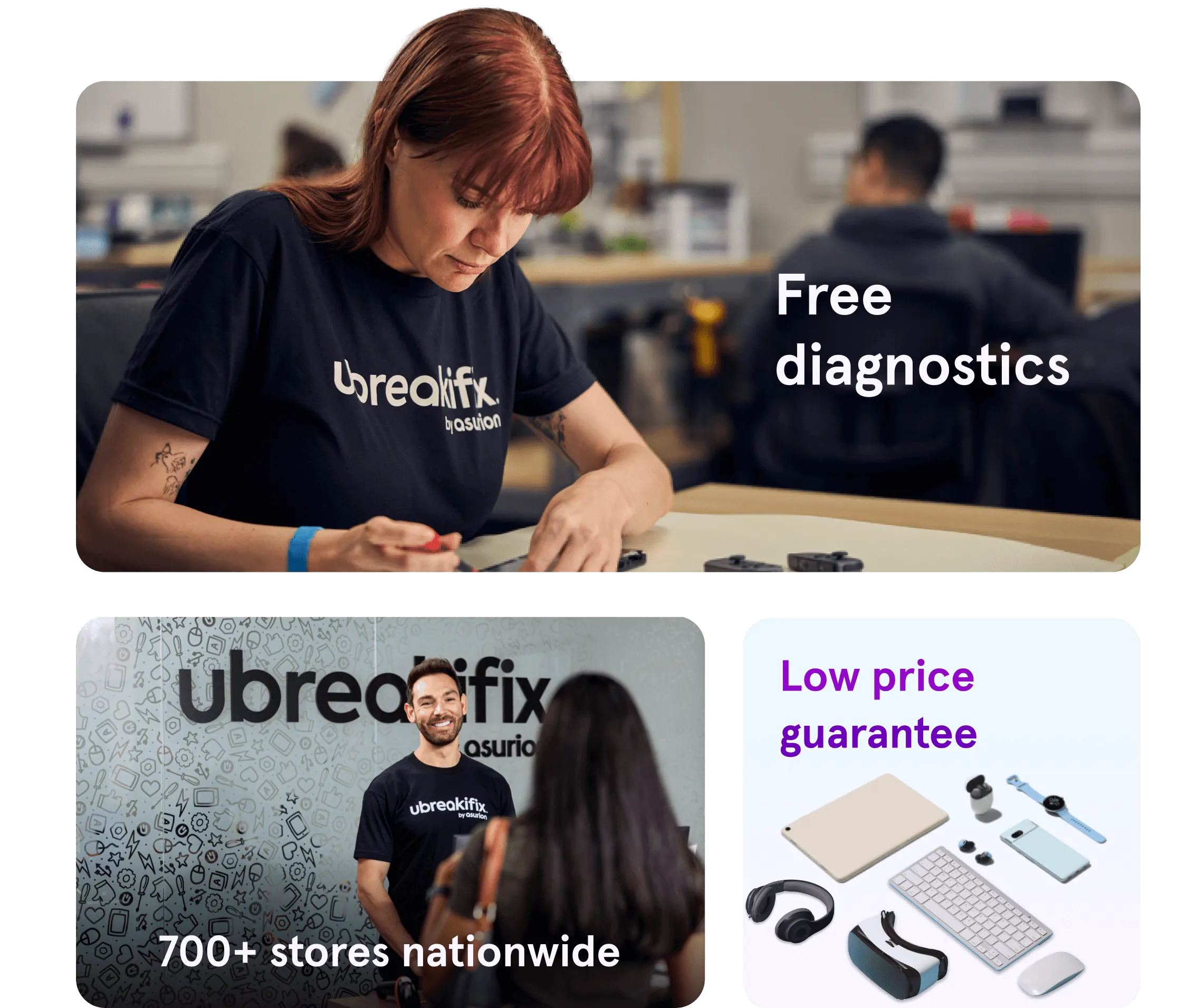 Collage of images that features benefits like free diagnostics, low price guarantee, and 700+ stores nationwide