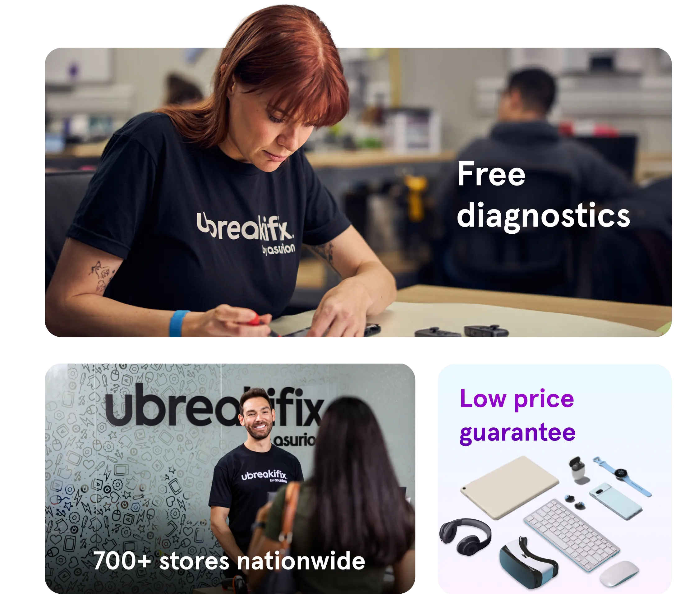 Collage of images that features benefits like free diagnostics, low price guarantee, and 700+ stores nationwide