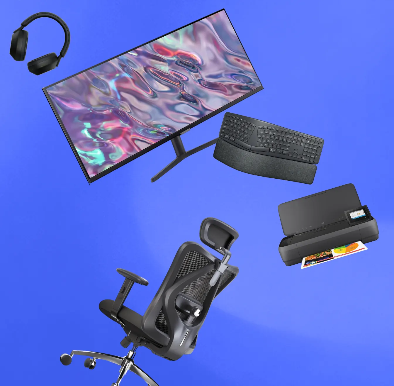 Home office setup with monitor, keyboard, chair, headphones, and printer on a blue background