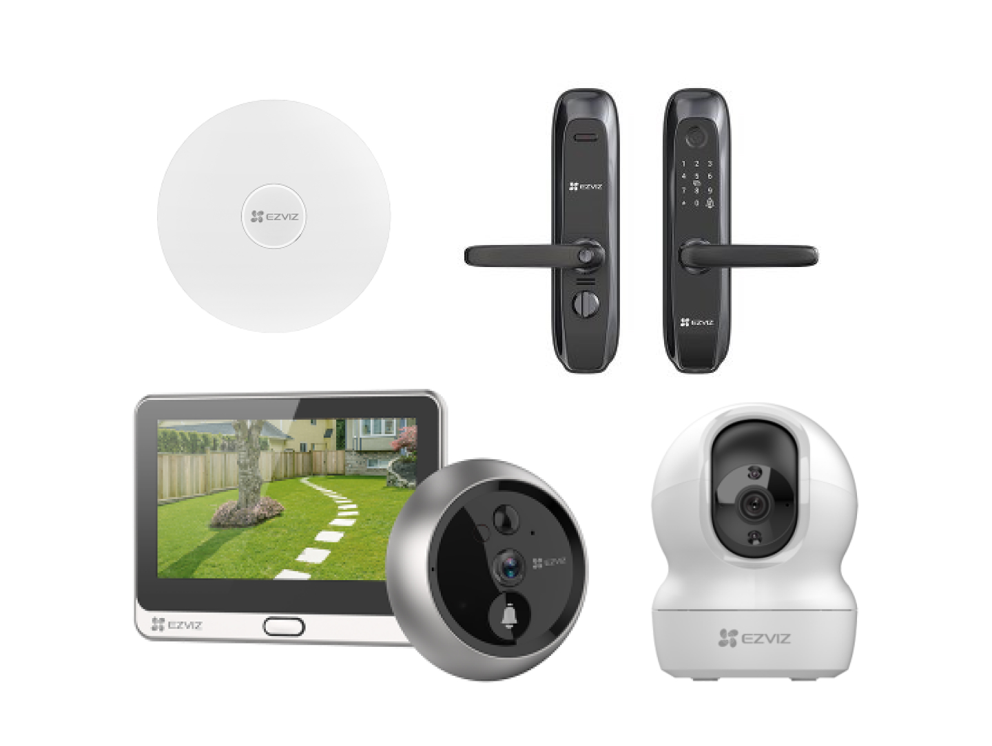 EZVIZ smart lock, security camera, and video doorbell