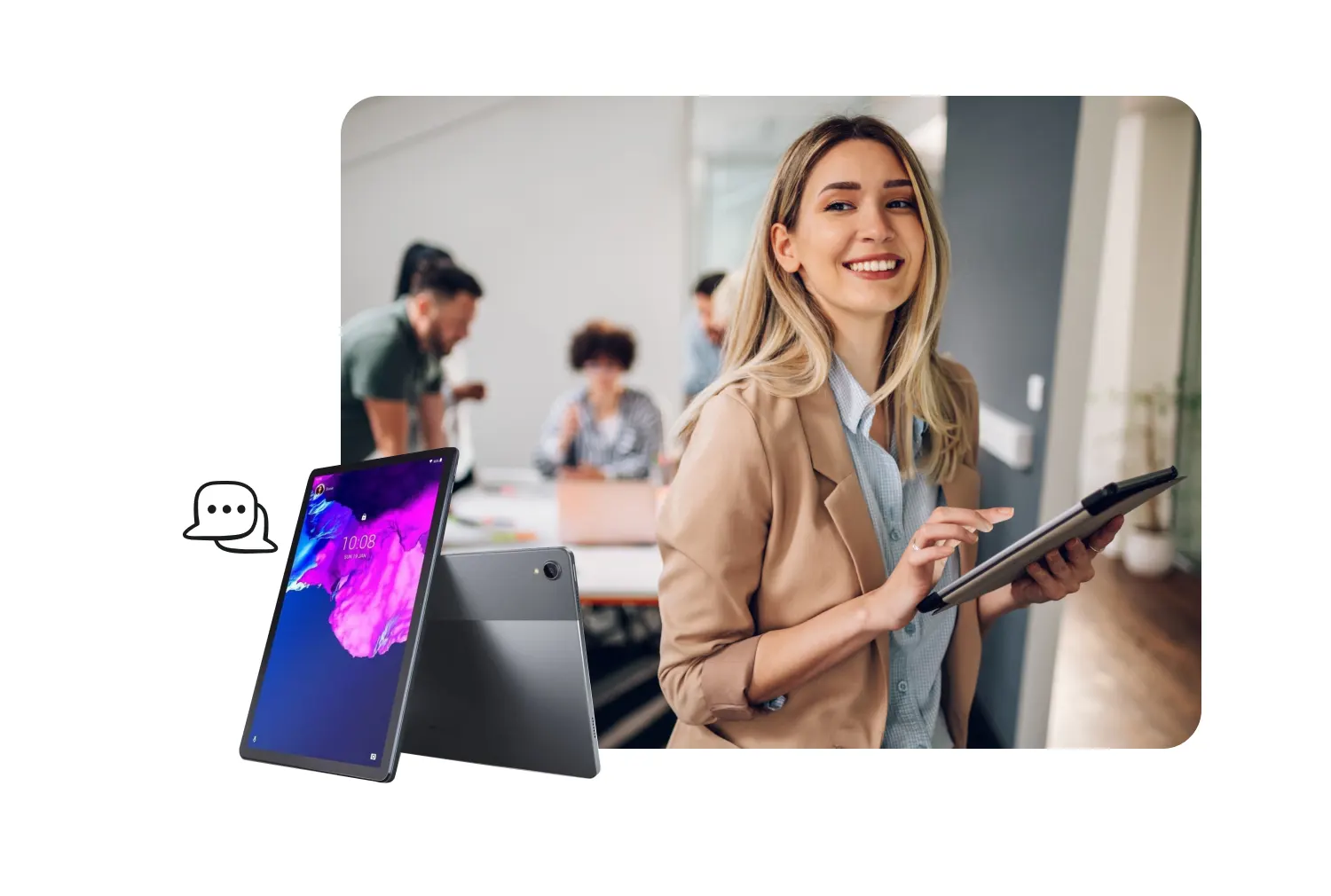 woman smiling holding tablet