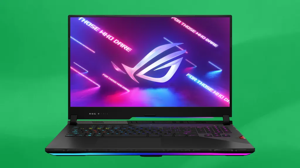 ASUS ROG laptop product image on a green background