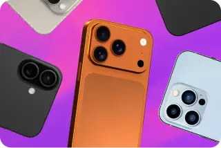 Multiple smartphones displaying rear camera lenses on a colorful background.