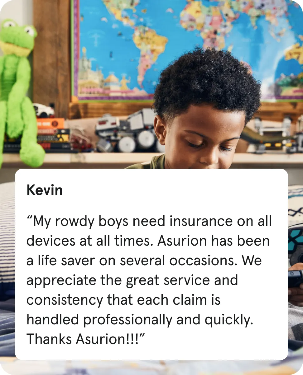 Young boy in a bedroom with toys and a world map; testimonial from Kevin praising reliable, professional claims service.