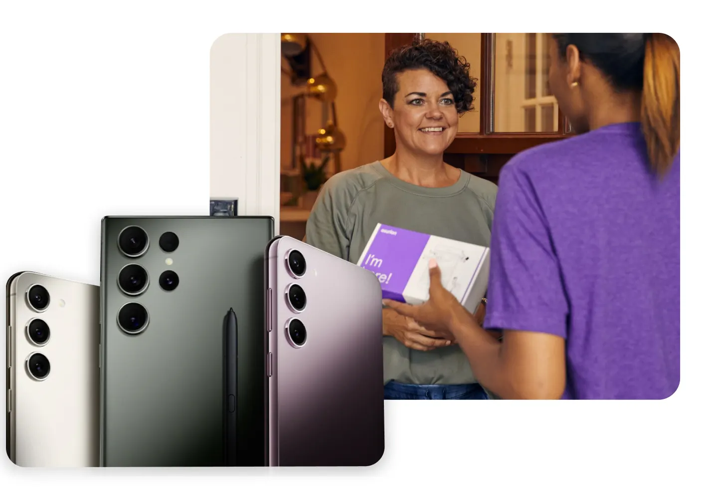 Woman answering the door and phone images