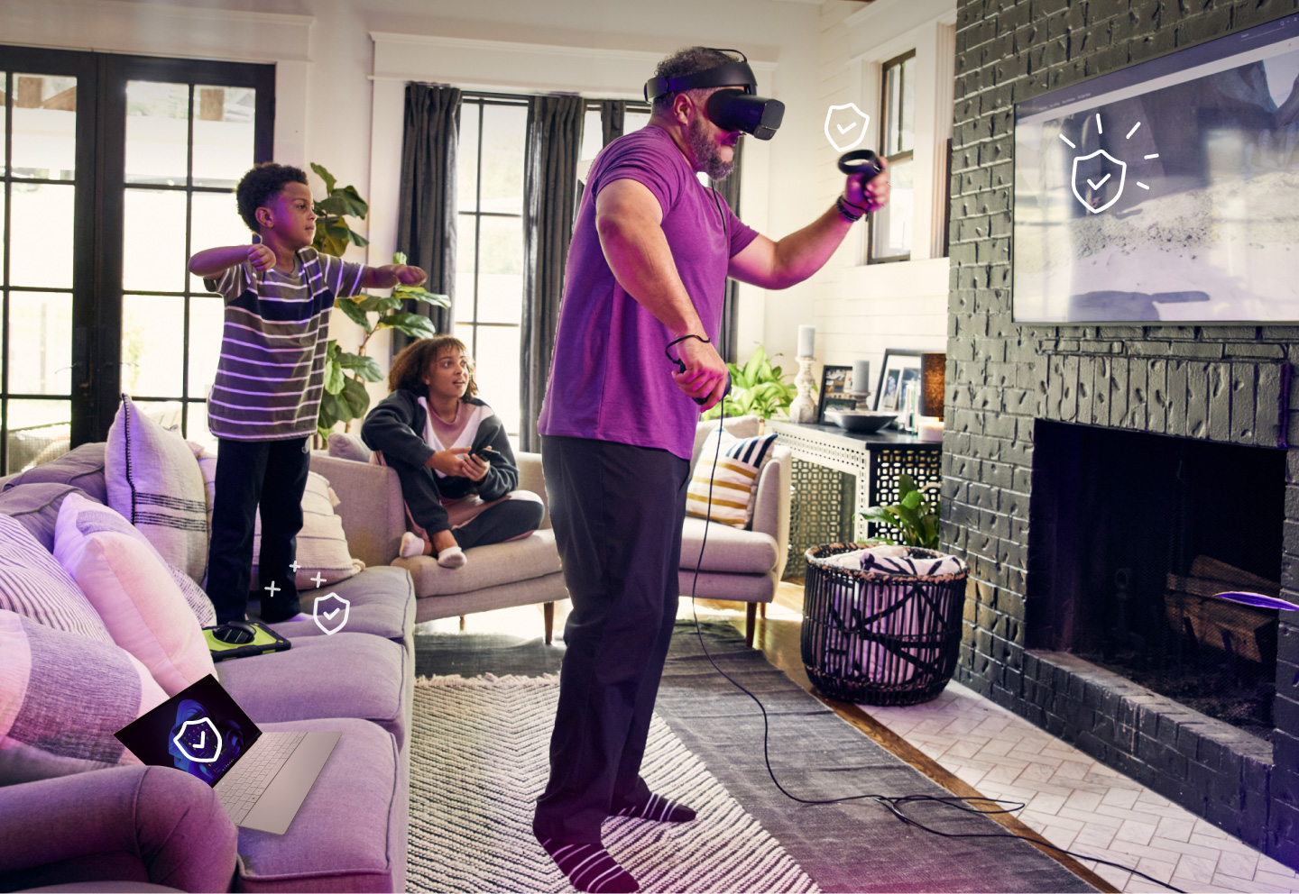 Home tech protection man using VR gaming system in living room