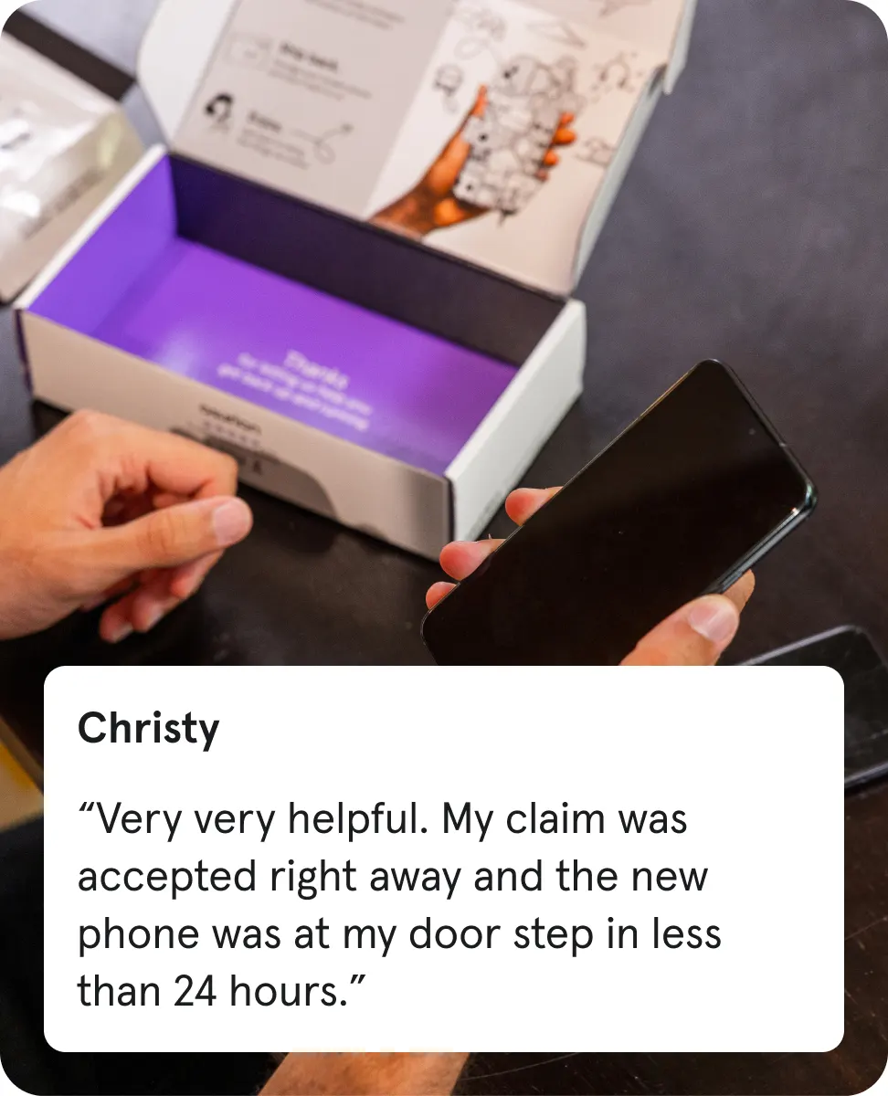 Person holding a smartphone near an open box; testimonial from Christy about fast claim approval and next-day phone delivery.
