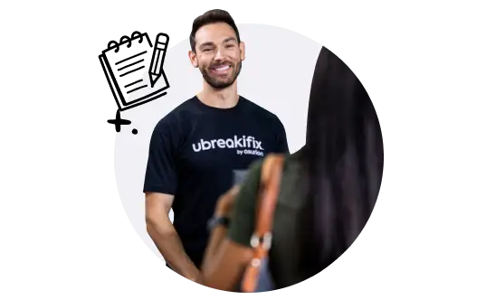 Smiling employee with a notepad icon