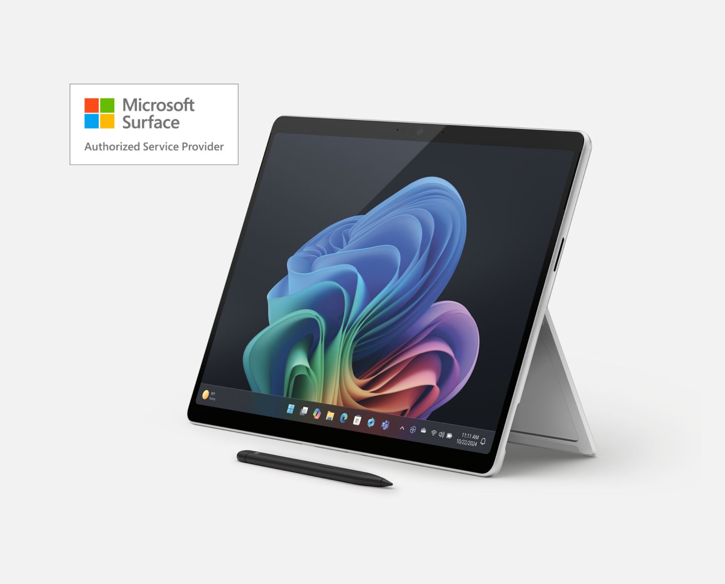 Microsoft Surface folded in standing position with Microsoft Surface Authorized Service Provider logo on top left