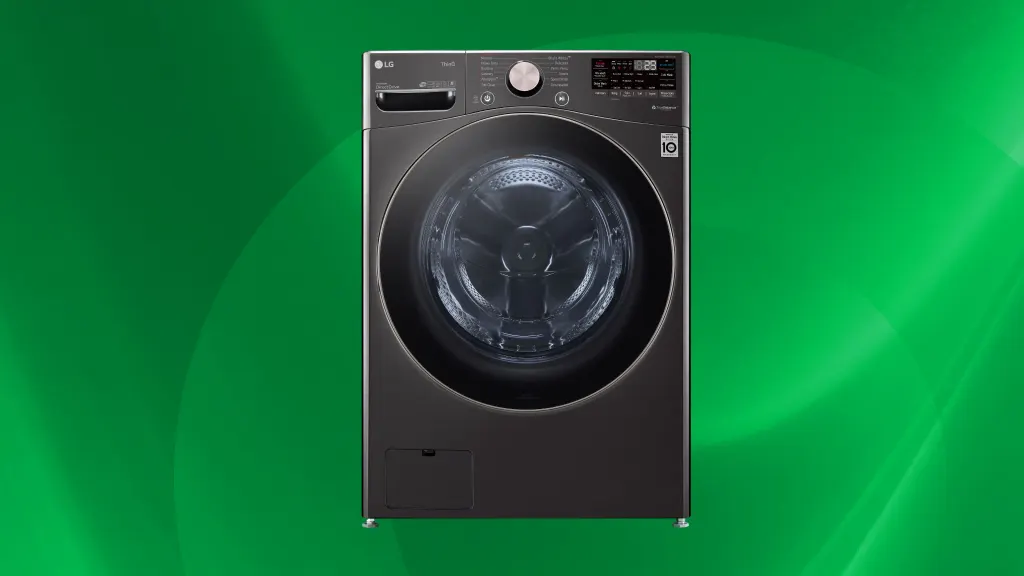Isolated product image of a black LG washing machine on a green background