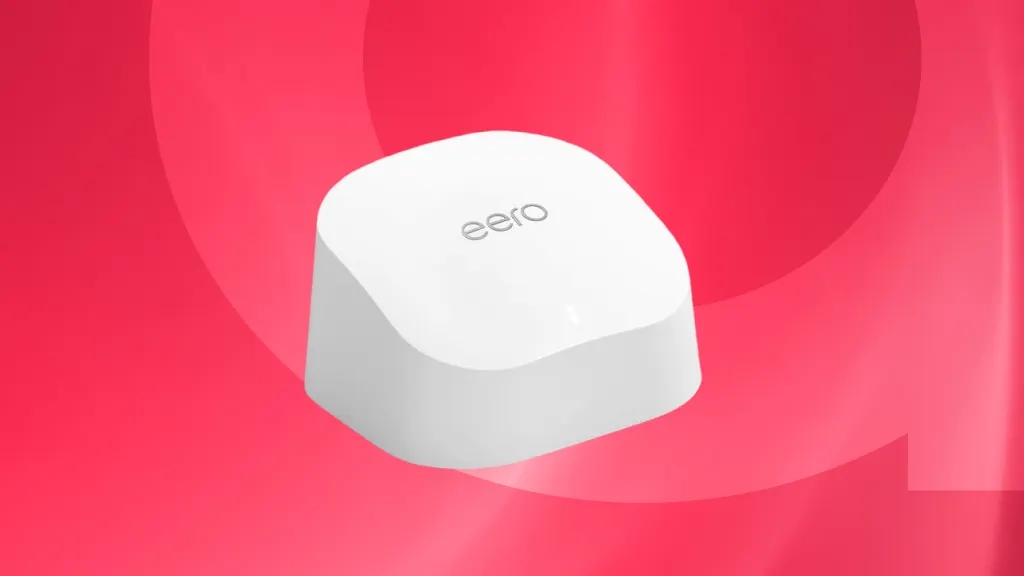 Isolated product image of an Eero WiFi extender on a red background