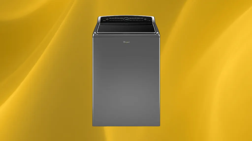 Isolated product image of a Whirlpool washing machine on a yellow background
