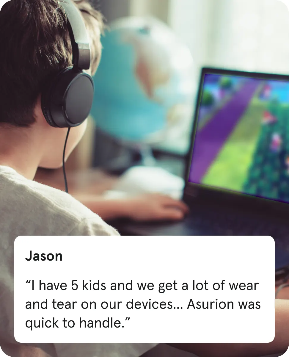 Child wearing headphones using a laptop; testimonial from Jason about Asurion handling device wear and tear quickly.