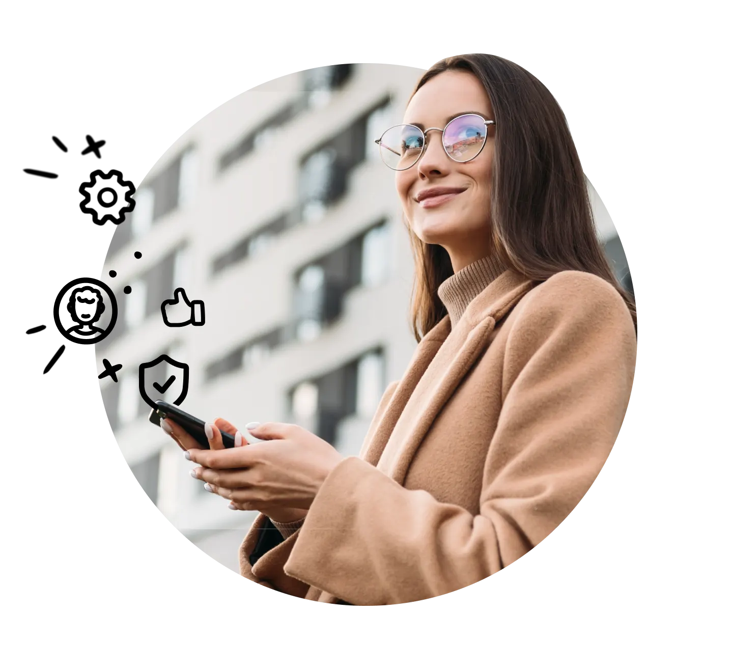 Woman on her phone with icons flying out