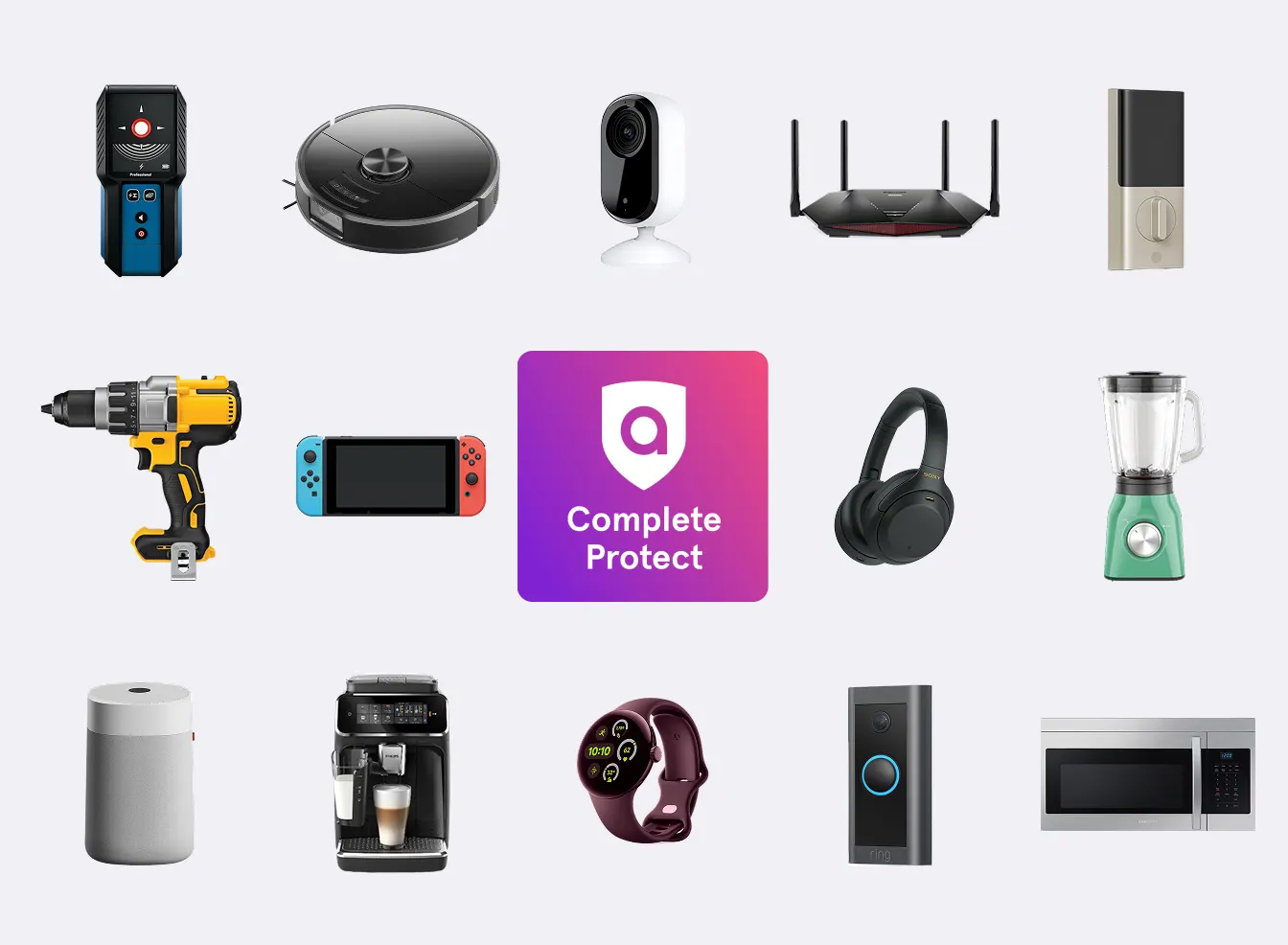 Assorted home and tech devices including TV, robot vacuum, camera, headphones, appliances, and smartwatch around Complete Protect icon.