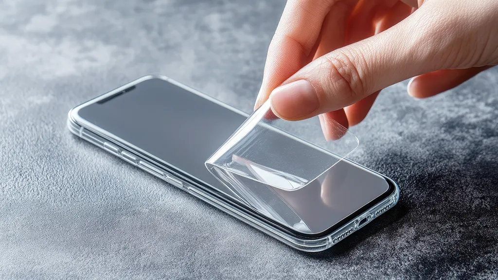 Image of a phone lying on a table with a screen protector being installed