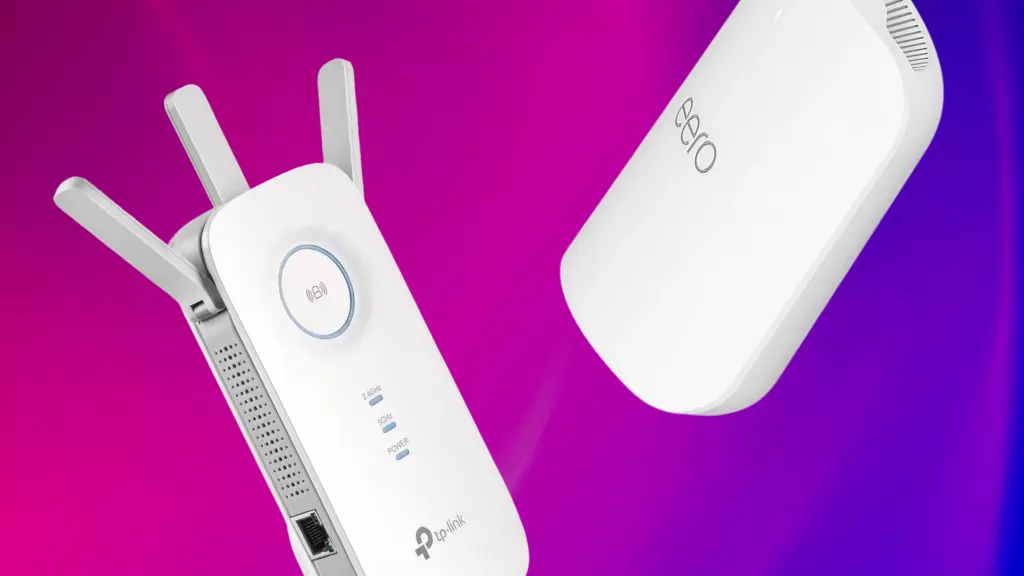 Prodcut images of a WiFi extender and mesh on a gradient background