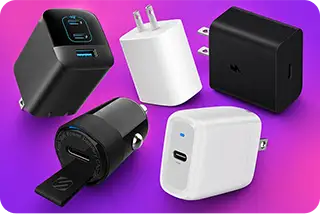 Fast phone charger options floating on a gradient background