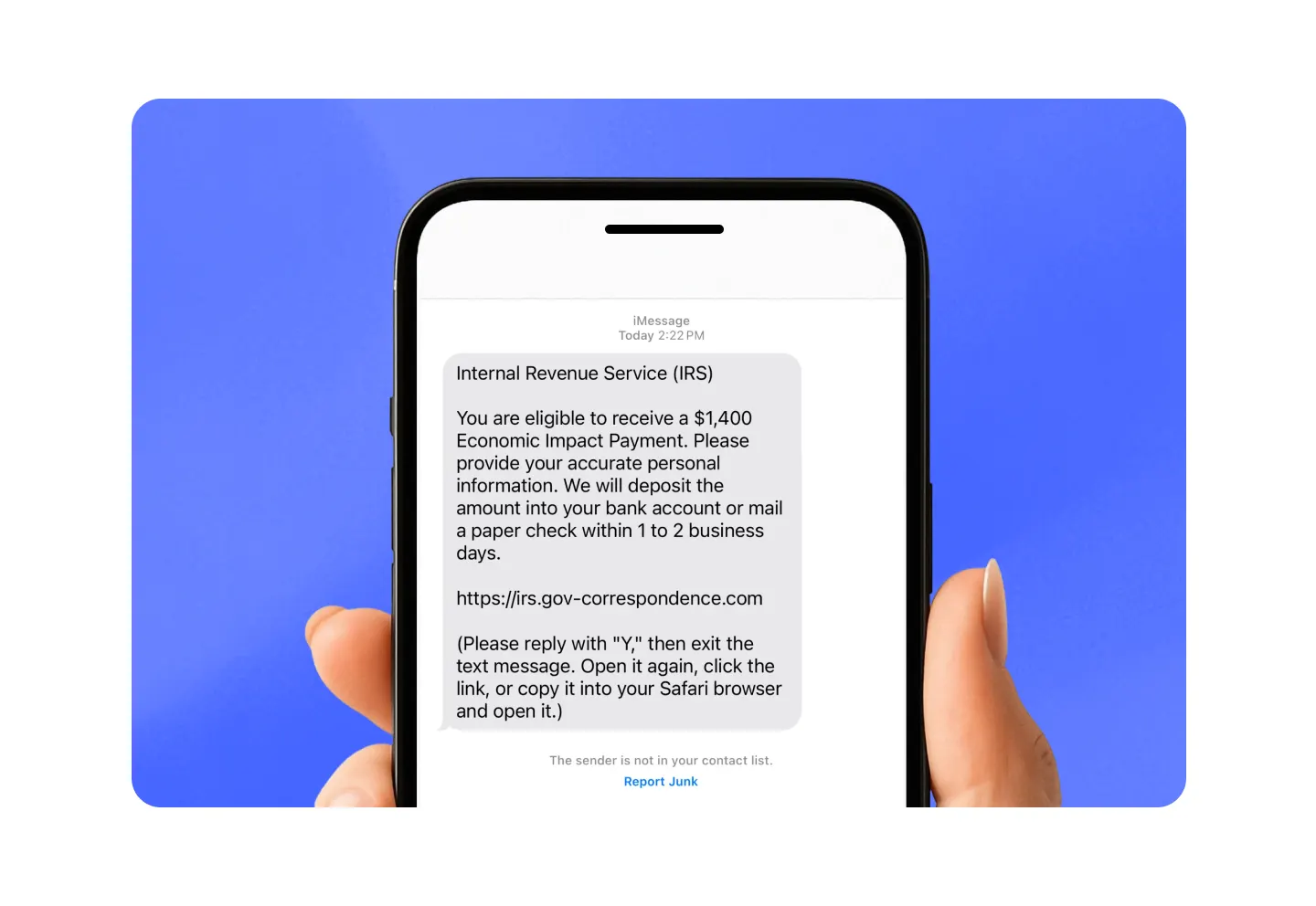 Smartphone displaying a fraudulent IRS text message, illustrating phishing scams, fake government messages, and mobile security awareness.