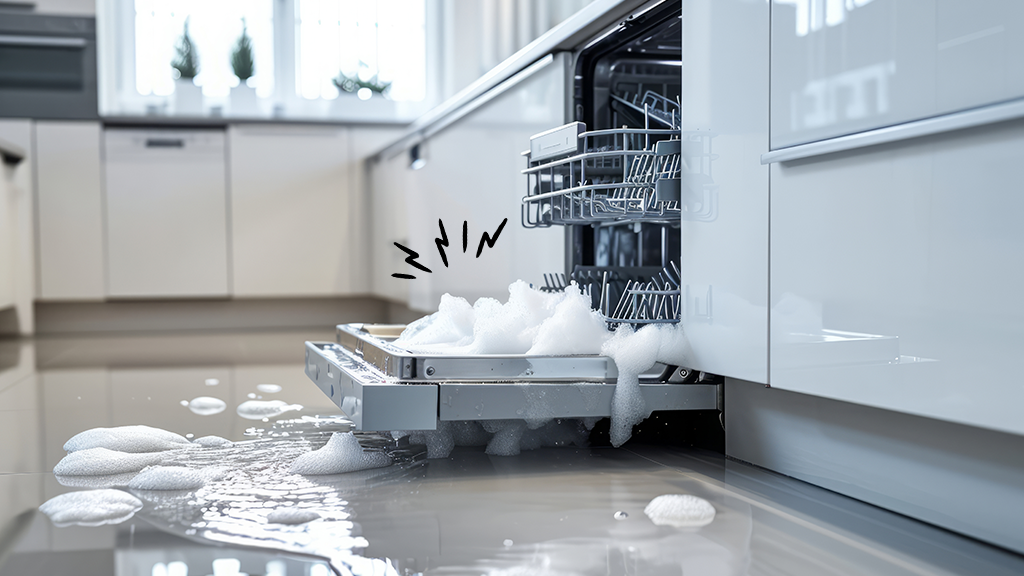 Dishwasher leaking water and soap out onto kitchen floor