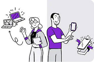 Illustrated image of a people with tech devices in their hands
