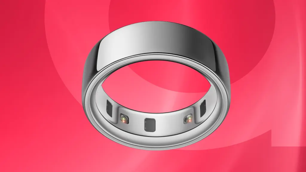 Isolated product image of a silver Oura Ring on a red background