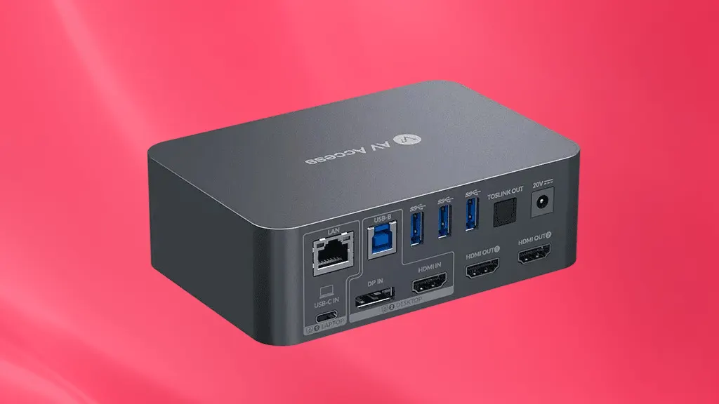 Docking station product image on a red background