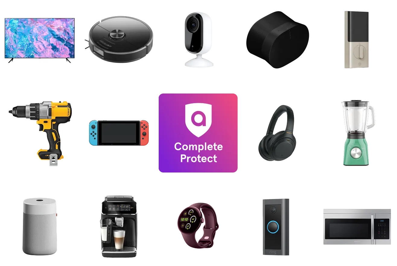 Variety of electronics and home devices including TV, vacuum, camera, headphones, appliances, and smartwatch around Complete Protect icon.