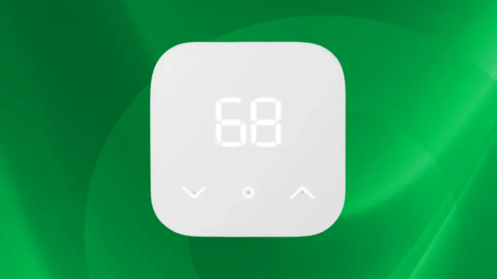 Amazon smart thermostat product image on a green background