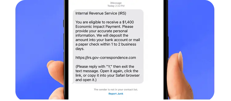 Smartphone displaying a fraudulent IRS text message, illustrating phishing scams, fake government messages, and mobile security awareness.