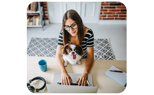 Woman with a dog using a laptop
